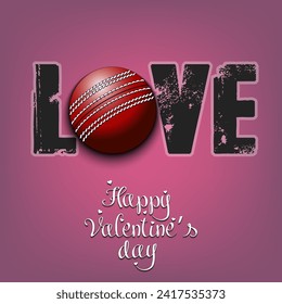 Happy Valentines Day. Love and cricket ball. Design pattern for greeting card, banner, poster, flyer, invitation party. Vector illustration on isolated background
