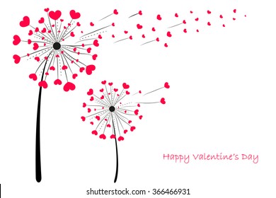 Happy Valentine's Day Love Dandelion with red hearts greeting card vector background