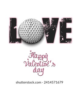 Feliz Día de San Valentín. Amor y pelota de golf. Diseño de tarjetas de felicitación, banner, afiche, volante, fiesta de invitación. Ilustración del vector en el fondo aislado