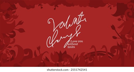 Happy Valentine's Day, a love greeting card for someone who is loved: 'I love you without limits,' with a background theme of a flower garden and two swans