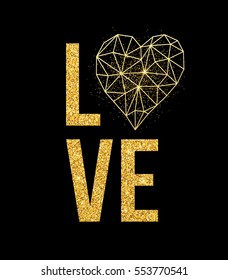 Happy valentines day love greeting card with white low poly style heart shape in golden glitter background. Vector illustration EPS10