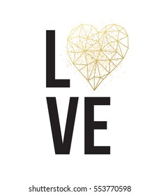 Happy valentines day love greeting card with white low poly style heart shape in golden glitter background. Vector illustration EPS10