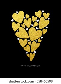 Happy valentines day love greeting card with white low poly style heart shape in golden glitter background. Vector illustration EPS10