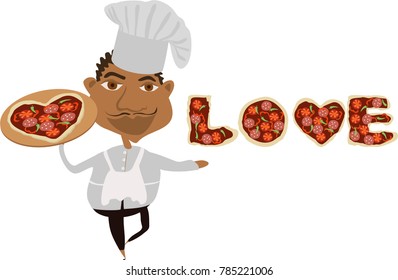 Happy Valentines Day Love greeting card with pizza man in love with pizza heart