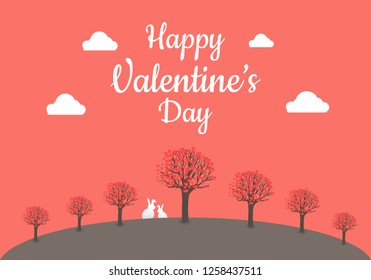 Happy Valentine's day, of love with heart tree and Double rabbit on background color of the year 2019. illustration