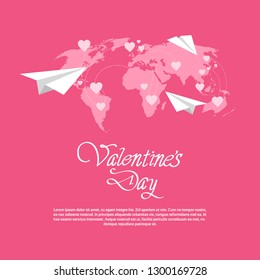 happy valentines day love holiday concept paper planes over world map greeting card heart shapes pink background flat copy space