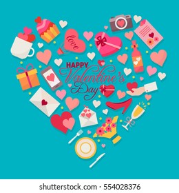 Happy Valentines day. Love icons set in heart shape. Flat style vector illustration.