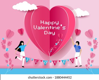 happy Valentine's day love Invitation card with tex I love you design for valentine's day. love pink background. vector illustation paper art style.