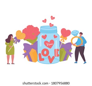 Happy Valentines day, love jar  with red heart and small people concept. Vector illustration for website banner, flyers, postcards, marketing material, presentation template,  advertising