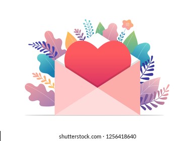 Happy Valentines day, love letter concept. Big envelope with red heart, romantic background, banner design