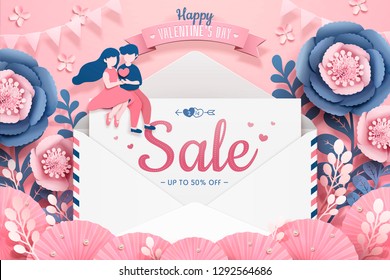 Happy Valentine's Day with love letter and dating couple in paper flower garden, 3d illustration