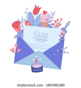 Happy Valentines day, love letter concept. Big envelope with paper sheet, romantic elenets and flower decor. Flat vector illustration.