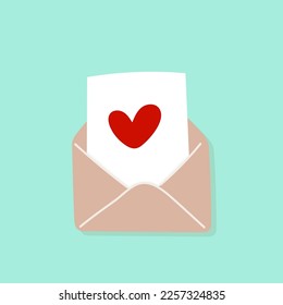 Happy Valentine's Day. Love letter. Open envelope with heart shape. Hand drawn doodle. Vector illustration, flat design