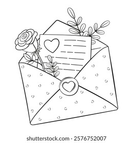 Happy Valentines day Love letter doodle style. Hand drawn black and white isolated logo. line art. Design element for web graphic design poster tattoo. Coloring page art therapy 