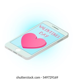 Happy Valentine's Day! Love on Phone. Vector illustration of smart phone with Heart.