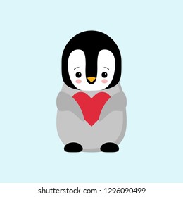 Happy Valentines day in love penguin. Penguin holding a heart. Plush toys penguin with heart. Gift. Kawaii.