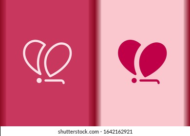 
Happy Valentine's Day. love pink icon elements minimal flat simple butterfly or dragonfly heart concept symbols. curve line and object shape creative logo vector eps design isolated on background.