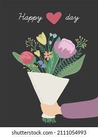 Happy Valentines Day. Happy Love day postcard. Romantic illustration. 14th of february. Love, love story and relationships. Happy couple. Flower bouqet gift.