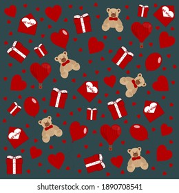Happy Valentine's day love red elements set on blue background. Hearts, gifts, balloons, bears for mother's day, birthday, wedding. Vector illustration
