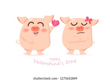 Happy Valentines day love and romantic, pig gives heart, cute cartoon character vector illustration