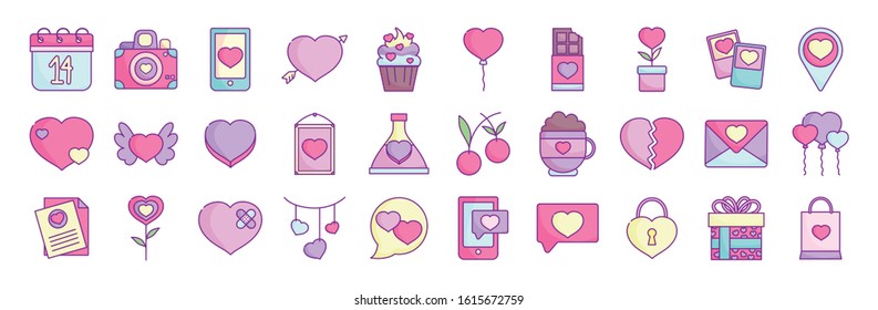 happy valentines day, love romantic feeling icons set vector illustration