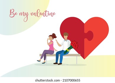 Happy Valentine's day, love and romantic, sweet relationship couple concept. Young man giving red roses to woman with jigsaw puzzle connecting in heart shape.
