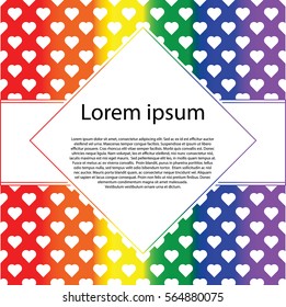 Happy Valentine's Day. Love. Romantic greeting card design element. Rainbow flag LGBT symbol on heart. Invitation card with rhombus text frame