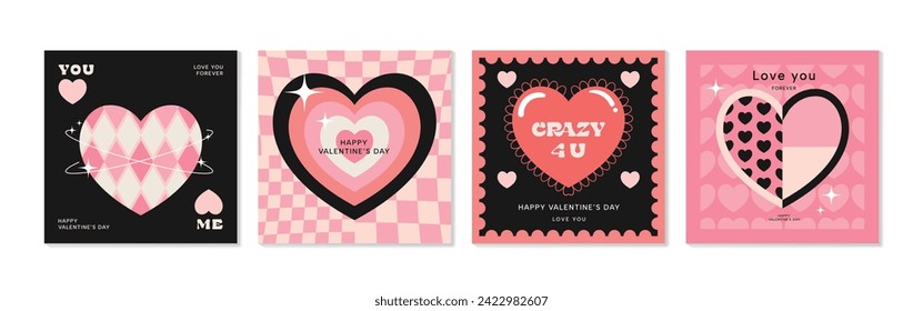 Happy Valentine's day love square cover vector set. Romantic symbol wallpaper of geometric shape pattern, heart shaped icon. Love illustration for greeting card, web banner, package, cover, fabric.