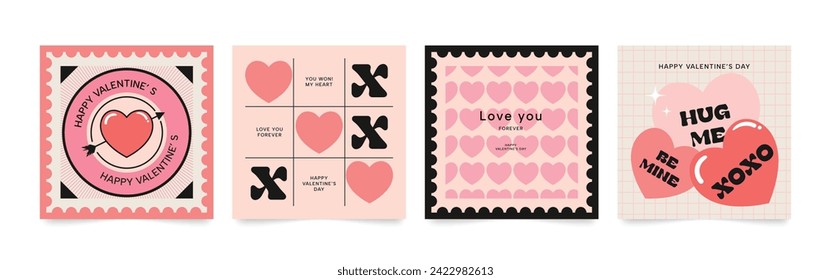 Happy Valentins Tag Liebe quadratische Cover Vektorset. Romantisches Symbol mit geometrischem Muster, Symbol in Herzform. Liebliche Illustration für Grußkarte, Webbanner, Paket, Cover, Stoff.