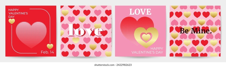 Feliz Día de San Valentín conjunto de vectores de portada cuadrada de amor. Papel de pared de símbolo romántico de patrón de icono en forma de corazón, textura dorada, semitono. Ilustración de amor para tarjeta de saludo, banner web, paquete, portada.