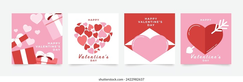 Happy Valentine's day love square cover vector set. Romantic symbol wallpaper of geometric shape pattern, heart shaped icon. Love illustration for greeting card, web banner, package, cover, fabric.