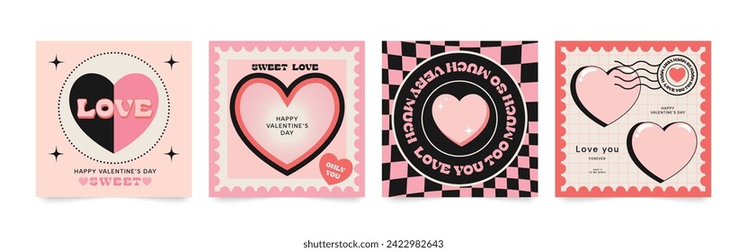 Happy Valentine's day love square cover vector set. Romantic symbol wallpaper of geometric shape pattern, heart shaped icon. Love illustration for greeting card, web banner, package, cover, fabric.