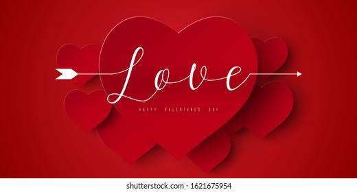 Happy Valentine's Day with love text and paper cut heart design. Vector illustration for website, posters, ads, coupons.