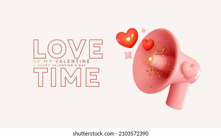 Happy Valentine's Day. Love time concept, realistic 3d megaphone, loudspeaker with red hearts and golden confetti. Vector illustration