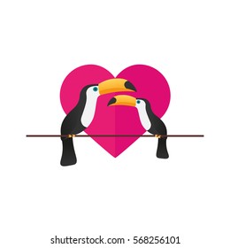 Happy Valentines Day. Love of Toucans. Vector flat illustration