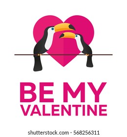 Happy Valentines Day. Love of Toucans. Vector flat illustration