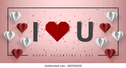 Happy valentine's day and love vector card and poster design with origami heart and confetti.Illustration eps10.