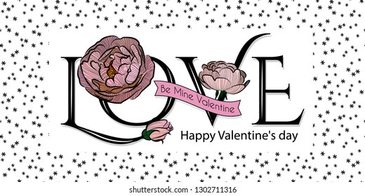 Happy Valentines Day. Love. Vector illustration isolated on little flowers background.