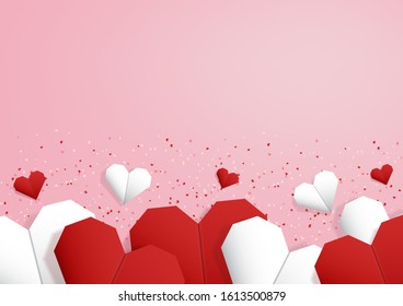 Happy valentine's day and love vector card and poster design with origami heart and confetti.Illustration eps10.