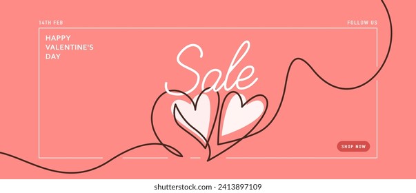 Happy valentines day, love vector background. Minimal romantic sale design with two hearts continuous one line, simple shape, greeting text. Heart couple in modern line art style. Online shop template