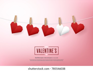 Happy valentine's day and love vector card and poster design with origami heart and confetti.Illustration eps10.
