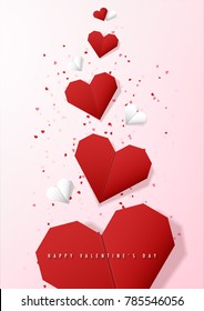 Happy valentine's day and love vector card and poster design with origami heart and confetti.Illustration eps10.