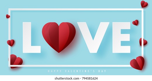Happy valentine's day and love vector card and poster design with origami heart and confetti.Illustration eps10.