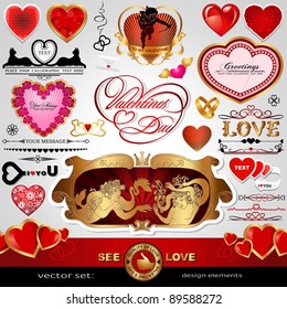 Happy Valentines Day, Love vector set; Abstract, vintage, Christmas, retro hearts and ornaments for design; Antique, art banner, frame, card, label, greetings and invitation for marriage and wedding