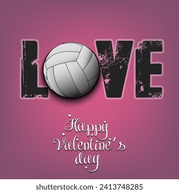 Happy Valentines Day. Love and volleyball ball. Design pattern for greeting card, banner, poster, flyer, invitation party. Vector illustration on isolated background