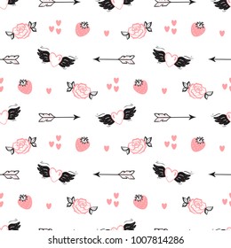 Happy Valentine's day. Love Wedding Vector Background. Valentine Seamless pattern. Hand drawn Doodle Hearts with Wings, Strawberry, Cupid's Arrows, rose flower