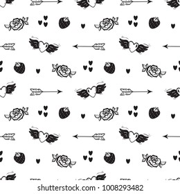 Happy Valentine's day. Love Wedding Vector Background. Valentine Seamless pattern. Hand drawn Doodle Hearts with Wings, Strawberry, Cupid's Arrows, rose flower
