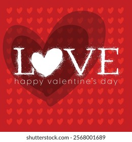 Happy Valentine's Day. Love written with white heart and red background with texture of small hearts. Hand drawn vector elements.