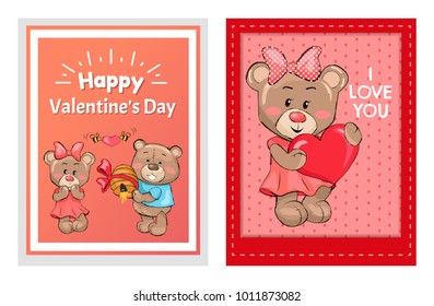 Happy Valentines Day I love you posters male teddy bear holding hive full of honey and smile, bees flying with red heart, present for girlfriend vector