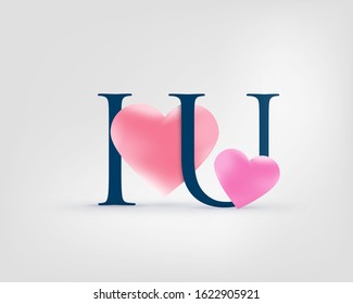 Happy Valentines Day. I love you abbreviated text. Represented by two letters with red and pink hearts. Isolated elements on background. Vector Illustration.